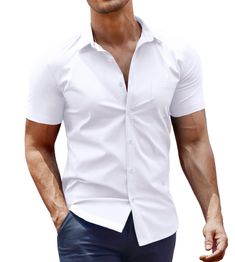 PRICES MAY VARY. Fabric- Made of stretchy and breathable fabric, this muscle fit drss shirt provides a comfortable and relaxed fit all day long. Design- Mens casual button shirts feature short sleeve, spread collar, solid color, patch pocket. The shirt is stretchy and conforms to the arms. It's tapered appearance and clean look makes the shirt wearable in any occasion Easy to Match - Pair this mens short sleeve button down shirt with jeans or shorts for a casual, everyday look. Or with a well-ta Stretch Summer Shirt With Button Closure, Summer Stretch Solid Color Shirt, Slim Fit Short Sleeve Dress Shirt For Summer, Fitted Solid Color Short Sleeve Shirt, Solid Color Slim Fit Shirt With Casual Collar, Slim Fit Solid Color Shirt With Short Sleeves, Slim Fit Solid Color Short Sleeve Shirt, Solid Color Slim Fit Shirt With Short Sleeves, Solid Color Slim Fit Short Sleeve Shirt