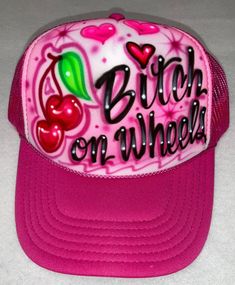 Airbrushed Trucker Hat Cherries Hearts Bitch on Wheels - Etsy Novelty Pink Trucker Hat For Summer, Y2k Trucker Hat, Fun Personalized Pink Trucker Hat, Canoga Park, Airbrush Designs, Hat Party