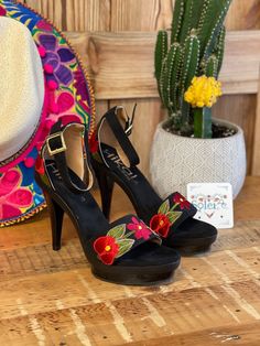 Treat yourself to these beautiful Embroidered Suede Mexican heels. These are the highest quality in Artisanal shoes. They are completely made by hand and feature a gorgeous floral embroidered design on the strap and on the heel, making them one of a kind! These beautiful shoes can be worn with a dress or with jeans, either way you will look stylish and unique! Heel height: 4 inches Platform Height: 1 inch Details: Buckle Closure Please note: You may exchange your shoe size. If you need to exchan Traditional High Heel Sandals For Spring, Traditional High Heel Spring Heels, Traditional High Heels For Spring, Embroidered Round Toe Sandals For Party, Traditional Open Heel Spring Heels, Traditional Spring Open Heel Heels, Traditional Open Toe Heels With Floral Embroidery, Embroidered High Heel Sandals For Party, Traditional Summer Heels With Floral Embroidery