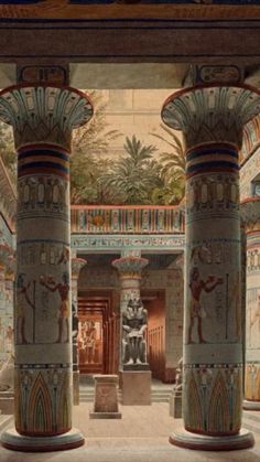 an egyptian style room with columns and paintings on the walls