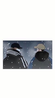 two people standing next to each other in the snow with one person wearing a hat