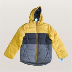 New With Tags Whales Tail Color Block Hooded Puffer Coat In Yellow, Grey, And Black Full Zip Up The Front Two Side Pockets With Snap Button Closure Fleece Lined Attached Hood Water And Wind Resistant Great For Snow, Rain, Or Windy Weather Available Sizes- Boy's 8 And 14-16 Measurements: Boy's 14-16 Pit To Pit: 20.75" Length Of Front: 24.25" Sleeve Length Shoulder To Wrist: 23.5" Length Of Back: 27" Whales Tail, Windy Weather, Snow Rain, Whale Tail, Yellow Grey, Puffer Coat, Kids Jacket, Yellow Black, Black N Yellow