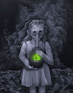 a girl with a gas mask holding a green light bulb in her hands while wearing a gas mask