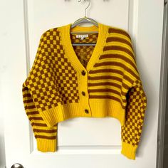 Retro Style Brown And Mustard Cardigan. Thick Wool. Crop Length. Oversized Fit. Never Worn. Retro Yellow Cardigan For Spring, Yellow Retro Cardigan For Spring, Retro Yellow Sweater For Fall, Sweaters Brown, Mustard Cardigan, Brown Knit Sweater, Brown Cardigan, Thick Wool, Halloween 2024