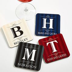 four personalized coasters with wine glasses