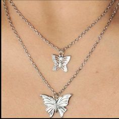 Bnip! Beautiful Double Layer Silver Chain & Butterflies On Each! Growing As A Person, Stackable Necklaces, Freedom Love, Pearl Strands Necklace, Choker Style Necklace, Chunky Chain Necklaces, Infinity Necklace, Silver Jewelry Fashion, Bohemian Necklace