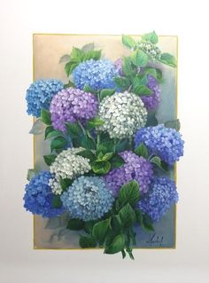 a painting of purple and blue flowers with green leaves