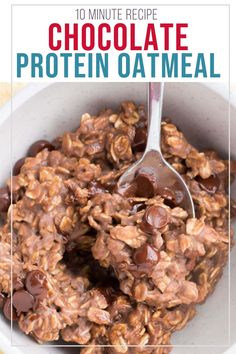 chocolate protein powdered oatmeal in a white bowl with spoon and title