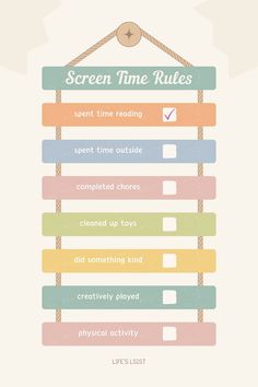 the screen time rules poster is hanging on a rope