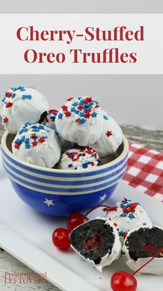 cherry - stuffed oreo truffles in a bowl with cherries on the side