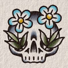 a drawing of a skull with flowers on it