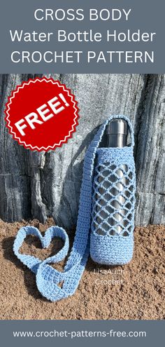 a crocheted water bottle holder with a free pattern on the front and side