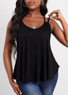 Size:S;Color:Black;Composition:95% Polyester, 5% Spandex;Package Contents:1 X Camisole Top;Color Scheme:Black;Washing Instructions:Hand Wash /Machine Washable;Tank & Camis Type:Camisole Top;Clothing&apos;s Length:Regular;Neckline:Straps;Pattern Type:Solid;Style:Casual; Summer Wear For Women, Black Curves, Sleeveless Tops Summer, Solid Tank Tops, Casual Tanks, Summer Attire, Tank Top Straps, Black Camisole, Ladies Clothing