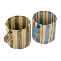 two coffee mugs with handles are shown side by side, one is blue and the other has brown stripes