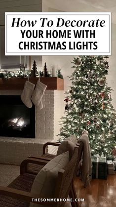 a living room with a christmas tree and fireplace