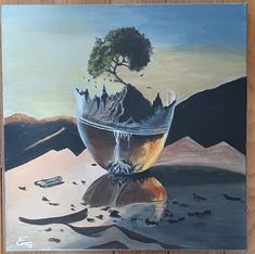 a painting of a bowl with a tree in it