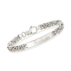 Ross-Simons - Name - Italian Sterling Silver Byzantine Bar Bracelet. 7". From Italy, our classic sterling silver Byzantine bracelet gets a modern update with a sleek bar centerpiece. FREE engraving of a name with up to 12 characters in your choice of block or script type. An enduring piece with just-right contemporary appeal! Lobster clasp, sterling silver personalized Byzantine bar bracelet. Byzantine Rings, Byzantine Necklace, Extraordinary Jewelry, Bar Bracelet, Silver Jewellery Sets, Id Bracelets, Bar Bracelets, Fine Jewelry Bracelets, Timeless Jewelry