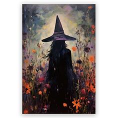 a painting of a woman wearing a witches hat in a field with flowers and daisies