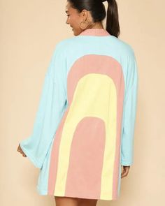 Retro arch terry cloth novelty robe - S Multicolor Cotton Outerwear For Loungewear, Multicolor Cotton Robe For Loungewear, Retro Cotton V-neck Outerwear, Vintage Long Sleeve Robe For Loungewear, Oversized Long Sleeve Casual Robe, Cotton Open Front Tops For Loungewear, Oversized Casual Long Sleeve Robe, Multicolor Long Sleeve Fall Robe, Open Front Cotton Top For Loungewear