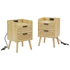 two small wooden nightstands with drawers on legs