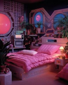 a bed with pink comforter and pillows in a room filled with potted plants