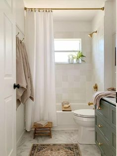 a bathroom with a rug, shower curtain and toilet