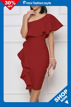 Red Elegant Solid Patchwork Flounce Oblique Collar One Step Skirt Dresses Wholesale Fashion, Dresses Online, One Shoulder Dress, Dress Skirt, Buy Now, Shoulder Dress, Casual Dresses, Skirt, Collar