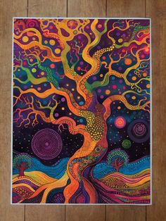 a colorful tree with swirls and dots in the background on a wooden floor,