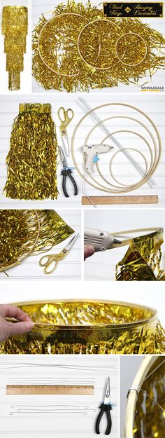 gold tinsel is being used to make this diy project with scissors and wire