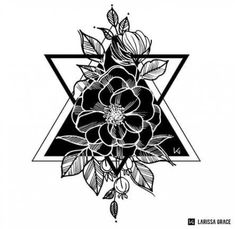 a black and white drawing of a flower on a triangle with leaves in the middle