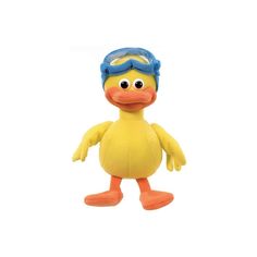 a yellow rubber duck with goggles on it's head and feet, standing upright