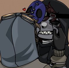 a drawing of a person with a mask on and a trash can in front of them