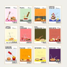 twelve posters with different types of food on them