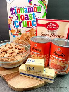 ingredients to make cinnamon toast crunch sitting on a cutting board next to a box of cereal