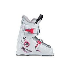 a pair of white ski boots with red accents