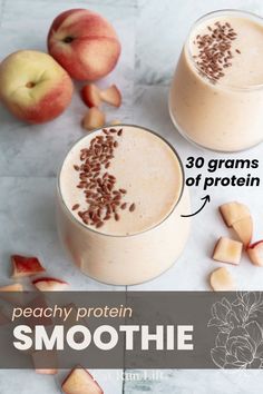 two glasses filled with smoothie next to sliced apples and cinnamon on the side, text reads peachy protein smoothie