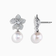 14K White Gold Diamond Flower and Fresh Water Pearl Drop Earrings Fresh Water Pearl, Water Pearls, Diamond Flower, Pearl Drop Earrings, Pearl Drop, White Gold Diamonds, Fresh Water, Round Diamonds, Freshwater Pearls