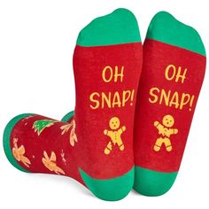 Gingerbread SocksThe top of these holiday socks features gingerbread men dancing on a red background, with Christmas trees and snowflakes among them. The bottom displays a humorous secret message written in non-slip ink that says "OH, SNAP!".Size & PackageOur unisex design fits most men's US size 6-13 feet and most women's US size 7 and up.Quality MaterialOur novelty socks are made of 80% cotton, 15% polyamide and 5% elastane to ensure they are ... Mens Bed, Christmas Vacation Gifts, Men Dancing, Stocking Socks, Movie Gifts, Best Secret Santa Gifts, Santa Socks, Holiday Socks, Whimsical Gifts