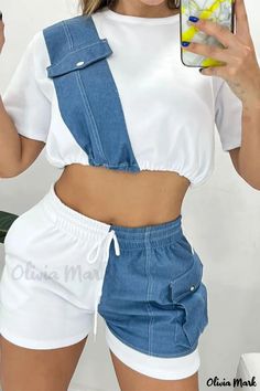 Olivia Mark - Orange Casual Print Patchwork Two-Piece Set with O Neck and Short Sleeves Vestiti In Jeans, Patchwork Crop Top, Short Sleeve Tops Casual, Moda Denim, Outfit Street, Practical Fashion, White Clothing, Straight Clothes, Set Outfits