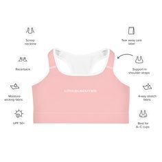 This gorgeous lovable cuties pink sports bra is made from moisture-wicking material that stays dry during low and medium intensity workouts. The bra has support material in the shoulder straps, double layer front, and a wide elastic band to ensure constant support.• 82% polyester, 18% spandex• Fabric weight: 6.78 oz/yd² (230 g/m²), weight may vary by 5%• Moisture-wicking fabric• Four-way stretch material• Scoop neckline and racerback• Flat seams and bias binding that minimize rubbing• Best for A–C cups• Support material in the shoulder straps, double-layered front, and a wide elastic band under breasts for extra supportThis product is made especially for you as soon as you place an order, which is why it takes us a bit longer to deliver it to you. Making products on demand instead of in bu Supportive Pink Activewear For Light Sports, Fitted Pink Sports Bra With Light Support, Pink Fitted Activewear With Medium Bust Support, Pink Sports Bra With Stretch, Pink Fitted Sports Bra With Light Support, Supportive Sports Bra In Pink, Pink Sports Bra For Athleisure, Pink Sweat Resistant Sports Bra For Light Exercise, Pink Workout Bra With Medium Support