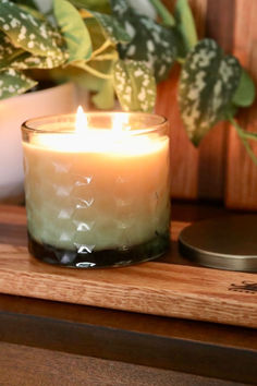 a lit candle sitting on top of a wooden table next to a potted plant