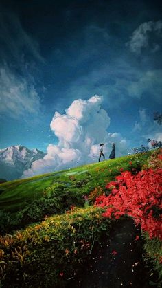 two people standing on top of a lush green hillside under a cloudy blue sky with red flowers in the foreground