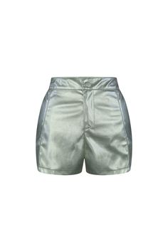 High waisted silver metallic PU shorts Fly button closure Runs true to size Chic Spring Bottoms With Sheen, Chic Sheen Bottoms For Spring, Chic Spring Sheen Bottoms, Metallic Bottoms With Built-in Shorts, Metallic Fitted Shorts, Fitted Metallic Shorts, Fitted Metallic Short Bottoms, Summer Fitted Metallic Bottoms, Fitted Shiny Short Bottoms