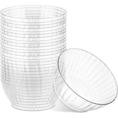 a stack of clear plastic cups on a white background with the lid open and one empty