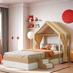 a child's bedroom with a tent bed and toys