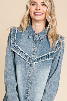 Denim top with collared neck Frilled yoke featuring frayed detail Long Sleeves Unlined Non-sheer Lightweight Loose Fit Model is 5'8'' and is wearing a Small 100% Cotton Brand: JoDifl Light Wash Button-up Top With Frayed Hem, Spring Light Wash Collared Denim Top, Fall Frayed Hem Button-up Tops, Fall Button-up Tops With Frayed Hem, Chic Collared Denim Blue Top, Chic Denim Blue Collared Top, Spring Washed Denim Collared Top, Medium Wash Denim Top With Frayed Hem For Spring, Medium Wash Denim Top With Frayed Hem For Fall