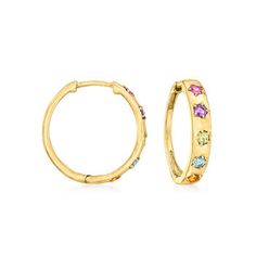 Ross-Simons - .32ct t. w. Multi-Gemstone Huggie Hoop Earrings in 14kt Yellow Gold. 1/2". RS Pure. Modern designs that complete your outfit and complement your personality. Add color to your day with these dainty huggie hoop earrings. They feature .32 ct. tot. gem wt. rhodolite garnet, blue topaz, amethyst, citrine and peridot rounds on simple 14kt yellow gold hoops. Hanging length is 1/2". Hinged post, multi-gemstone huggie hoop earrings. Peridot birthstones are the perfect gift for August birth Yellow Gold Sterling Silver Huggie Earrings With Birthstone, Fine Jewelry Multi-stone Hoop Earrings For Anniversary, Yellow Gold Gemstone Huggie Earrings, 14k Gold Huggie Earrings With Gemstone, Yellow Gold Birthstone Huggie Earrings, Yellow Gold Birthstone Huggie Earrings For Anniversary, Anniversary Yellow Gold Huggie Earrings With Birthstone, Fine Jewelry Small Hoop Gemstone Earrings, 14k Gold Gemstone Huggie Earrings