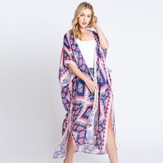 Size : 35" X 47.5" Material : 100% Polyester Multicolor Open Front Outerwear For Beach, Long Pink Beach Outerwear, Beach Outerwear With Kimono Sleeves In Multicolor, Long Printed Outerwear For The Beach, Bohemian Pink Outerwear For Beach, Pink Bohemian Outerwear For Beach, Pink Bohemian Outerwear For The Beach, Bohemian Pink Outerwear For The Beach, Casual Beach Poncho Cape