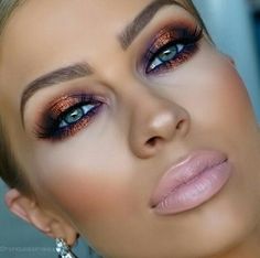 Bronze And Purple Eye Makeup, Purple And Orange Eyeshadow, Maquillage Goth, Copper Eye Makeup, Copper Eyeshadow, Rose Gold Eye Makeup, Eye Makeup Cut Crease, Bronze Eye Makeup, Make Up Gold