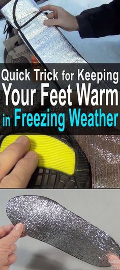 a person using a knife to cut out a piece of fabric with the words quick trick for keeping your feet warm in freezing weather